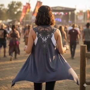 Poof Boho Festival Lace Vest Women‎ Large Gray Knit Assymetrical Hem Open Front